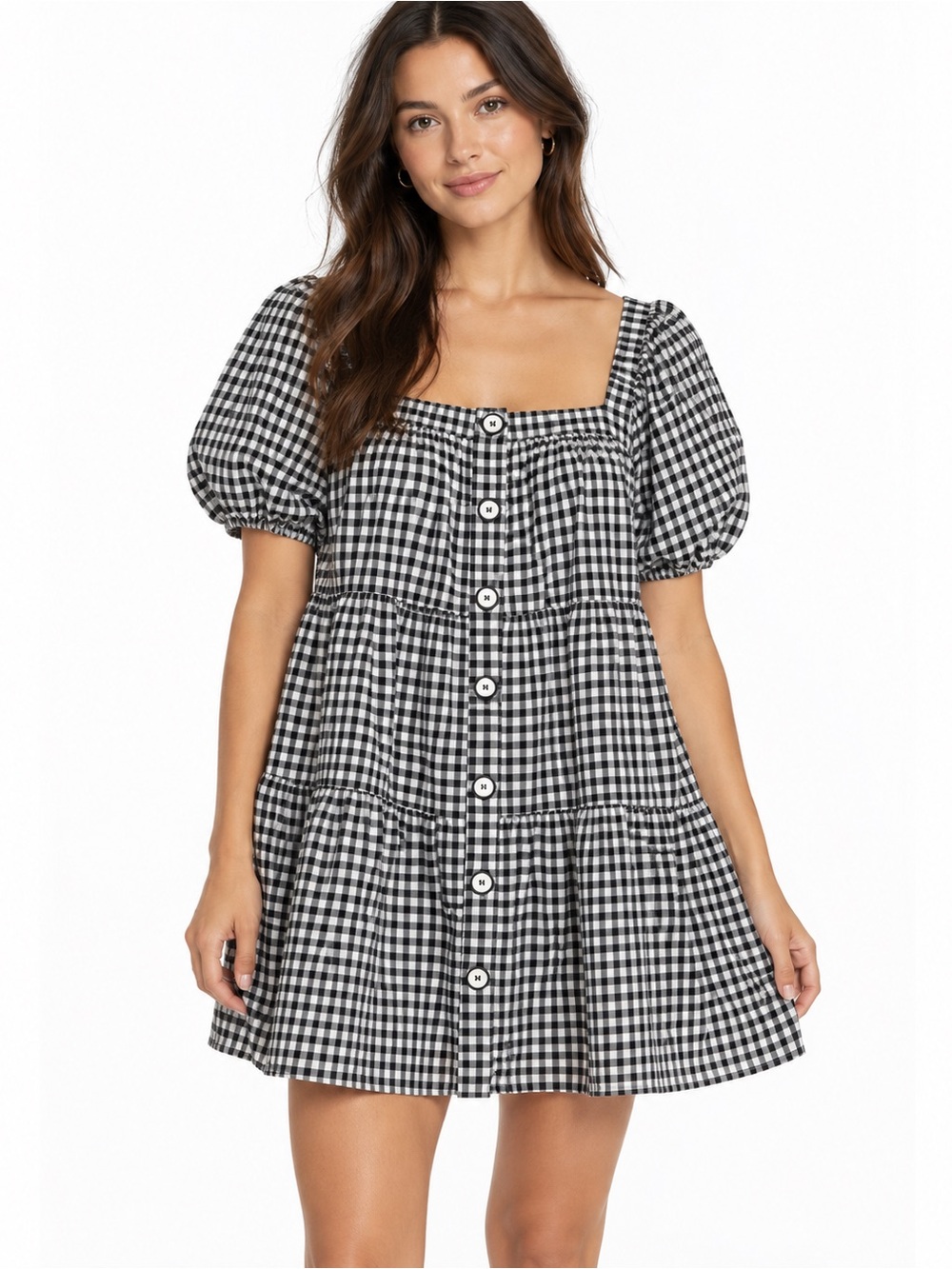 ZARA Black White Gingham Square Neck Puff Sleeve Tiered Mini Dress Size Medium